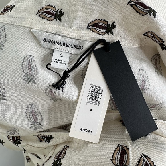 NWT Banana Republic‎ Viscose Linen Tie Neck Top SMALL Block Print Relaxed Blouse - Picture 16 of 17